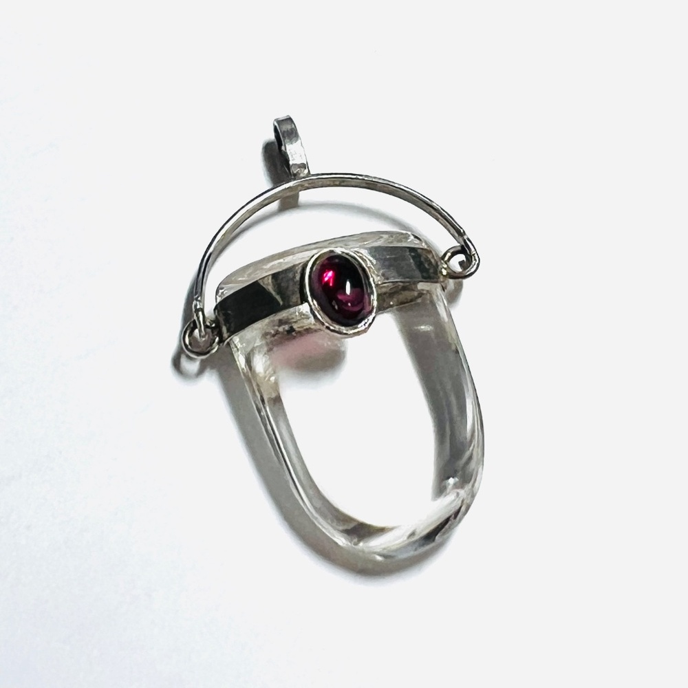 Crystal Quartz Pendant, Sterling Silver & Garnet Cabochon, Talisman, Boho - Picture 7 of 9